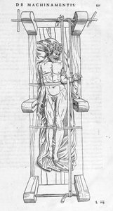 Reduktion af brud: en mand er fikseret på en båre, hans brækkede arm er strakt mellem de to akser. Plade illustreret af "" De dissectione partium corporis humani lbri tres... "" af Carlo Stefano Riverio, Paris 1545. af Unknown artist