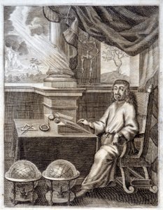 René Descartes (1596 - 1650) på sit kontor med videnskabeligt udstyr. Stik af det 17. århundrede. af Unknown artist