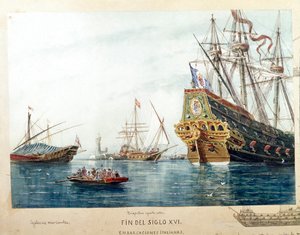 Repræsentation af italienske skibe, galeres, brigantine fra det 16. århundrede (Akvarel af Unknown artist