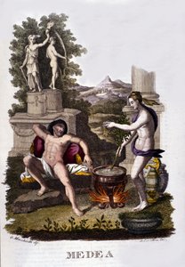 Repræsentation af Medea, der forbereder sine forbandelser efter argonauternes cyklus. Indgravering af det 19. århundrede. af Unknown artist