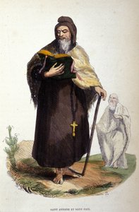 Repræsentation af Sankt Antonius den Store, egyptisk anachoret (251 - 356), grundlægger af kristen eremitisme og Sankt Paul af Theben (han ville være gået forud for Sankt Antonius i Thebaide). Indgravering af det 19. århundrede. af Unknown artist