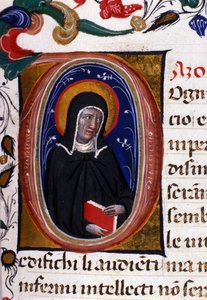 Repræsentation af Saint Claire (Chiara) af Assisi (ca. 1192-1253), grundlæggeren af den religiøse orden Clares. Miniature fra et manuskript fra 1400-tallet. af Unknown artist