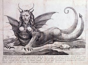 Repræsentation af en harpy, et monster fundet i en peruviansk sø: det har et menneskeligt ansigt, horn, dragevinger, en manke af en løve, krop af et krybdyr, en kvindes bryster (tryk 1784) af Unknown artist