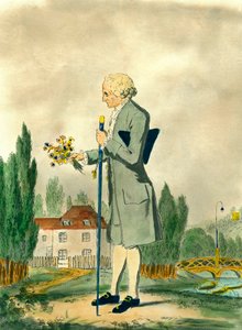 Repræsentation af den schweiziske filosof Jean Jacques Rousseau (1712-1778), der plukker blomster i Ermenonville. Indgravering af det 18. århundrede. Privat samling. af Unknown artist