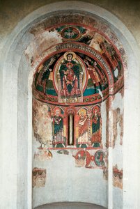 Repræsentation af Jomfruen og Barnet omgivet af Magi Kings. Fresko fra den centrale apsis i kirken Santa Maria in taull. Omkring 1123. Barcelona. Cataloniens nationalmuseum for kunst af Unknown artist