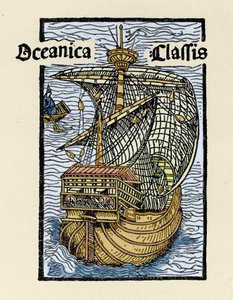 Repræsentation af karavellen Santa Maria af Christopher Columbus (1451-1506). Indgravering fra “De insulis in mare Indico super inventis”, Bale 1493-1494 (latinsk oversættelse af Columbus