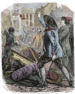 Reveillon-optøjer fandt sted mellem 26.-29. april 1789 - Fransk revolution: Reveillon-affære - "" Plyndringer af fremstillingen af ​​papints Jean Baptiste de Reveillon le 28. april 1789"" Et parisisk optøjer plyndrede fabrikken i rue du Faubourg saint Anto af Unknown artist