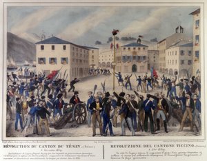 Revolution af kantonen Ticino i Schweiz den 5. december 1859. Gravering af det 19. århundrede. af Unknown artist