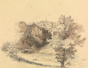 Flodlandskab med by i det fjerne af Unknown artist