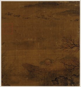 Flodscene: en mand, der sover i en båd - ænder svømmer forbi af Unknown artist