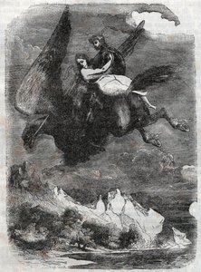 Roger (Ruggero, Ruggiero) og Angelique (Angelica) om flodhesten - gravering fra 1851 fra "" Roland furieux"" (1500-tallet) af Ludovico Ariosto, kendt som Ariosto - Udgave oversat fra italiensk af greven af ​​Tressan og udgive af Unknown artist