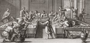 Romersk triclinium, eller spisestue, med bord og sofaer af Unknown artist