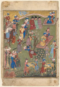 Kongelig modtagelse i et landskab, venstre folio fra den dobbelte frontispice af en Shahnama (Kongernes Bog) af Firdausi (persisk, omkring 940-1019 eller 1025) af Unknown artist