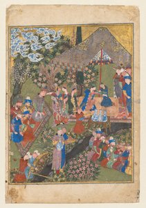 Kongelig modtagelse i et landskab, højre folio fra den dobbelte frontispice af en Shahnama (Kongernes Bog) af Firdausi (persisk, ca. 940–1019 eller 1025) (verso) af Unknown artist