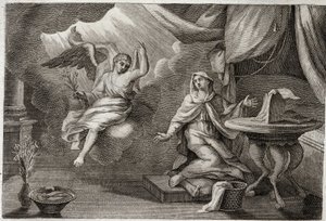 Royaumont Bible, Det Nye Testamente: Jomfruens bebudelse. Ærkeenglen Gabriel er kommet for at levere et budskab til Maria. Illustration fra 1811. af Unknown artist