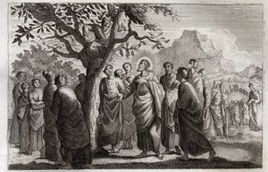 Royaumont Bible, Det Nye Testamente: Omvendelse af Zachee. Jesus Kristus taler med Zachee, der sidder på platanen. Illustration fra 1811. af Unknown artist
