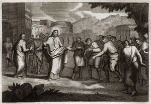 Royaumont Bible, Nye Testamente: De ti spedalske. Jesus Kristus kæmper ti spedalske. Illustration fra 1811. af Unknown artist