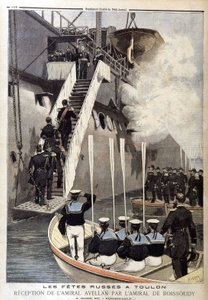 Russiske festligheder i Toulon: Admiral Avellans modtagelse af admiral de Boissoudy ombord på Formidable, i "The Petity Journal" den 21. oktober af Unknown artist