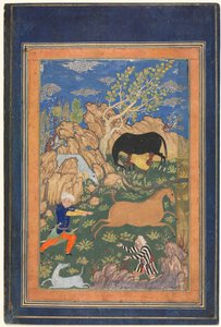 Rustam Lasso der sin hest, Rakhsh, i et landskab (recto) af Unknown artist