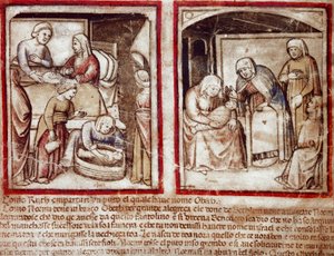 Ruth føder Obed (Obeth) søn af Boaz (Boaz) Miniature fra Codex 212 (eller Padovan Codex eller Bible of Padua) 1390-1400 Rovigo, Accademia dei Concordi af Unknown artist