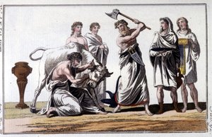 Ofring af en tyr blandt kelterne. 1800-tals gravering. af Unknown artist