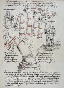Saint Brigitte, med sine gaver som visionær, bliver påkaldt for at kende en persons dødsdato ved at læse håndens linjer. Saint Mary Magdalene og Martha vises på hver side af hånden. af Unknown artist