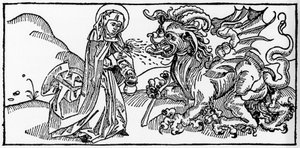 Sankt Martha og Tarasque - Indgravering fra "Leben der Heiligen - sommerteil" (Helgenbogen) af Jacobus (James) fra Voragine (1228-1298). Lübeck 1488. af Unknown artist