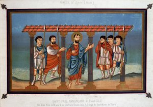 Sankt Paulus forkynder evangeliet - fra en bibel skrevet til kong Karl den Skaldede i klosteret Sankt Martin af Tours, 9. århundrede af Unknown artist