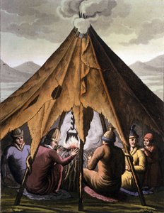 Samer: oprindelige folk, der bor i landene i de nordlige lande (Norge, Finland, Sverige og Rusland) omgrupperes omkring en brand under et telt. Indgravering af det 19. århundrede af Unknown artist