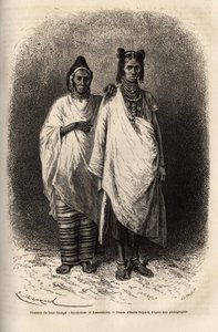 Sarakolesiske og Kassonkesesiske kvinder, befolkninger i Øvre Senegal, i traditionelt tøj. Gravering til illustration af et krydstogt på Afrikas kyst, af viceadmiral Fleuriot de Langle, i 1868, udgivet i "" Le tour du monde""" 1872, redigeret af Edouard Ch af Unknown artist