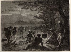 Scene i resten af landet, i måneskin, er måtter rejst på jorden efter arbejdsdagen. Indgravering til illustration af rejsen til Japan i 1863-1864 af Aime Humbert, minister for Det Schweiziske Forbund, i "Le tour du monde, nouveau journal des af Unknown artist