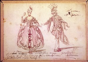 Scenografi: tegning af kostumer til det pastorale "" Nais" af Jean Philippe (Jean-Philippe) Rameau (1683-1764) 1764. Akvarel. af Unknown artist