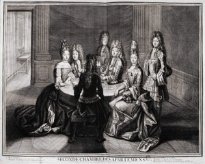 Andet værelse i lejlighederne (Versailles): 1. Monsignor, 2. Madame Princess of Conty Enke, 3. Monsieur le Duke de Bourbon, 4. Madame hertuginden af Bourbon, 5. Monsieur de Vandôme, Frankrigs storprior. Indgravering af Trouvain, begyndelsen af det 18. århu af Unknown artist