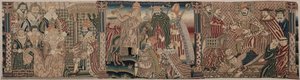 Udsnit af en broderet frise: Ahasverus og Esther, Paven, der ræder kejseren, Henrik VIII, der træder pavens hals af Unknown artist