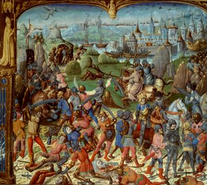 Syvende korstog (1248-1254). Ludvig IX (Saint Louis) (1215-1270), konge af Frankrig, med overgangene efter at være blevet besejret af saracenerne ved Mansourah i 1250. De trak sig tilbage bag Damaskus tårne. Ludvig IX og hans to brødre bliver taget til fan af Unknown artist