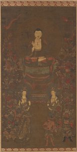 Shakyamuni med de seksten velvillige guder af Unknown artist
