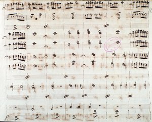 Nodeblad for den første violin i åbningen af Mithridate, King of the Pont, opera af Mozart (1770) af Unknown artist