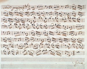 Nodeside for den første violin i åbningen af Mithridate, King of the Pont, opera af Mozart (1770) af Unknown artist