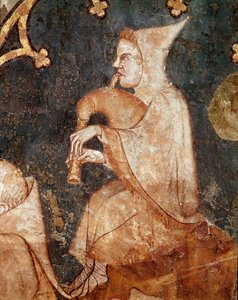 Hyrde blæser i en sækkepibe Detalje. Fresko fra det 14. århundrede. Fra Olite (Navarre) Museum of Navarre, Pamplona af Unknown artist