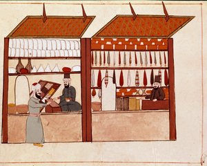 Butikker i Konstantinopels gader. Miniature taget fra et Cicogna-manuskript fra det 19. århundrede (1828) efter en original fra det 17. århundrede (1671). Venedig, Biblioteca Marciana af Unknown artist