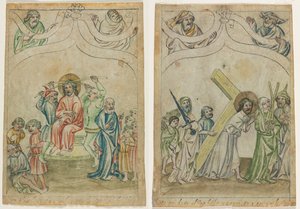 Enkelt blad fra en "Biblia Pauperum": Kristus kronet med torne (recto) Kristus bærer korset (verso) af Unknown artist