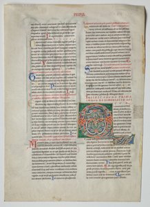 Enkelt blad fra et dekret af Gratian: Dekoreret initial Q[uidam Habens Filium Obtulit] og firdobbelt arkade med overensstemmelse mellem græske og latinske alfabeter af Unknown artist
