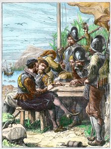 Sir Walter Raleigh i Trinidad, får information fra de spanske soldater om Guyana, 1595. - Ekspedition af Walter Raleigh af Unknown artist