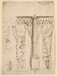 Skitse til tre sidevinger med en del af Proscenium-ramme af Unknown artist