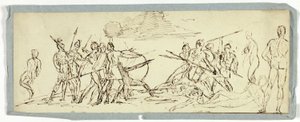 Skitse af kampscene (recto); Fregat (omvendt) af Unknown artist