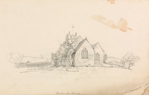 Skitse af en lille landkirke; skitse af et skib af Unknown artist