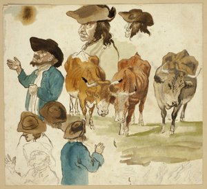 Skitser af mænd og køer af Unknown artist