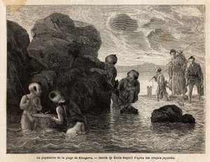 Små fiskeaktiviteter på en strand i Sinagawa, børn plasker i vandet og fanger krabber og små fisk. Gravering til illustration af rejsen til Japan i 1863-1864 af Aime Humbert, minister for Det Schweiziske Forbund, i "" Le tour du monde, nouveau j af Unknown artist