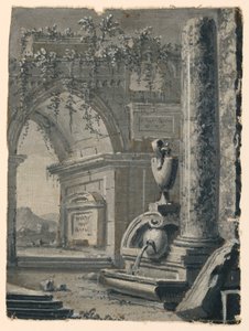 Scenedesign, antik udsigt i haven af Unknown artist