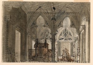Scenedesign, interiør af gotisk kirke af Unknown artist